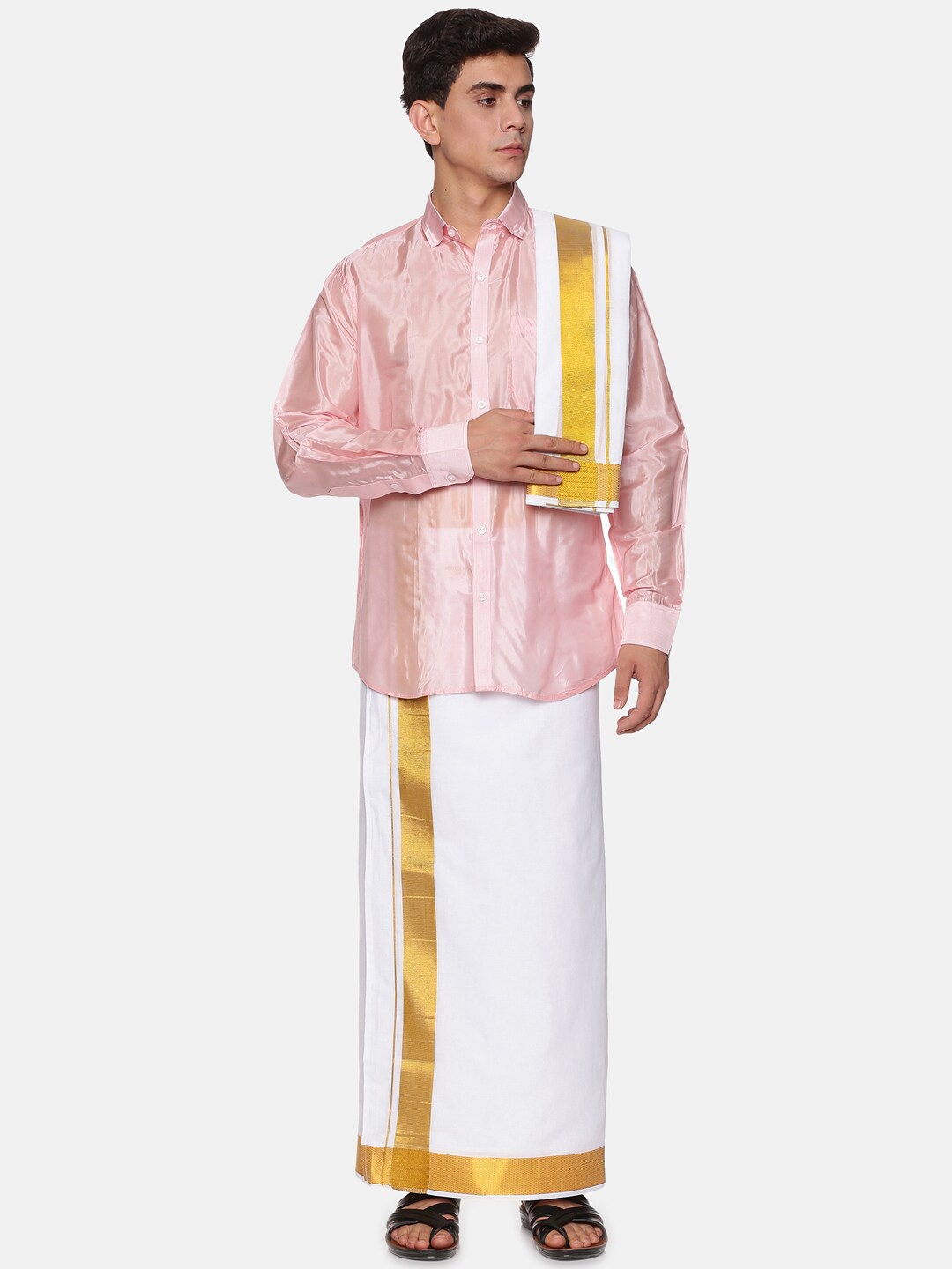 

Sethukrishna Men Solid Shirt with Veshti Set, Pink