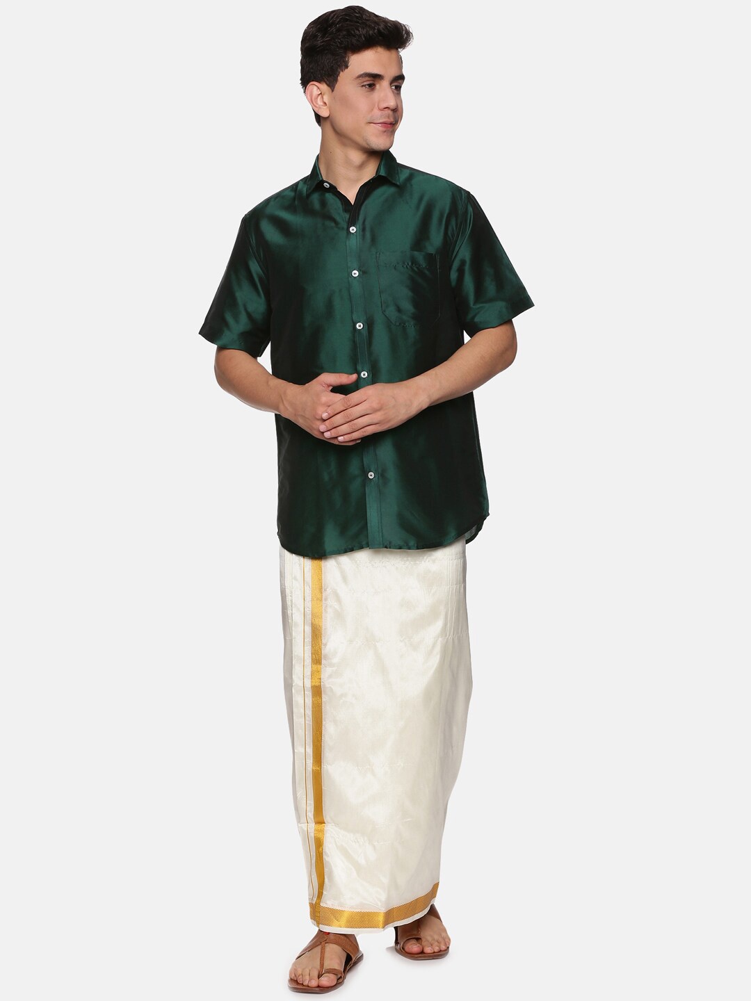 

Sethukrishna Men Green & White Shirt with Dhoti