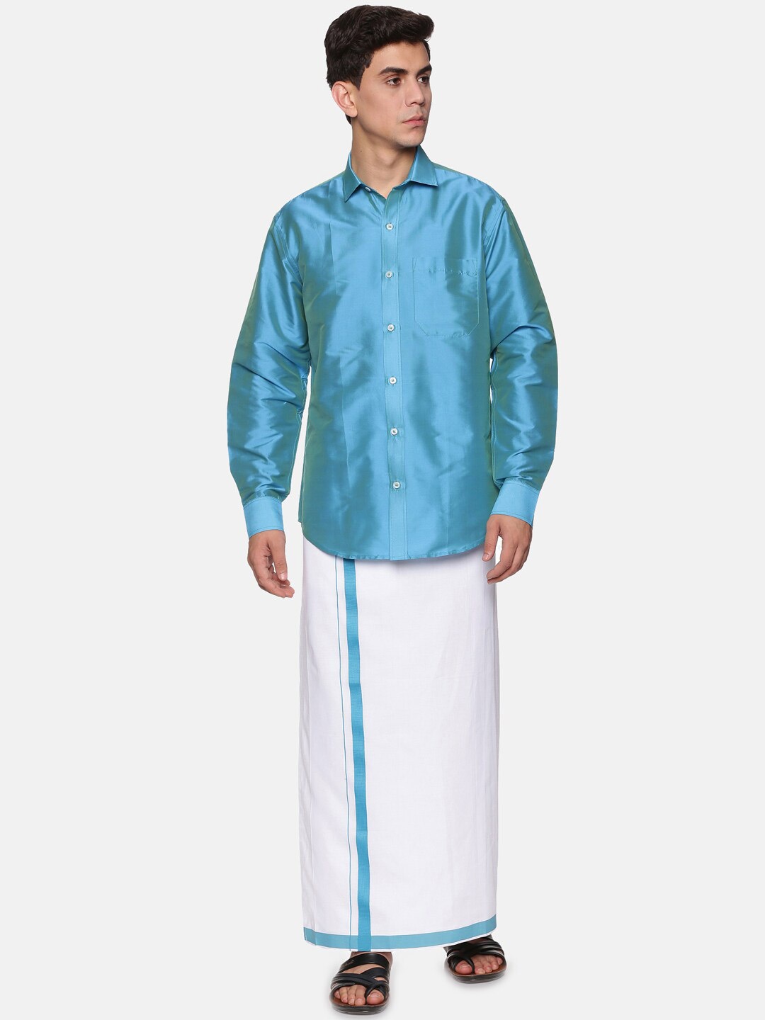 

Sethukrishna Men Turquoise Blue & White Shirt Dhoti with Angavastram Set