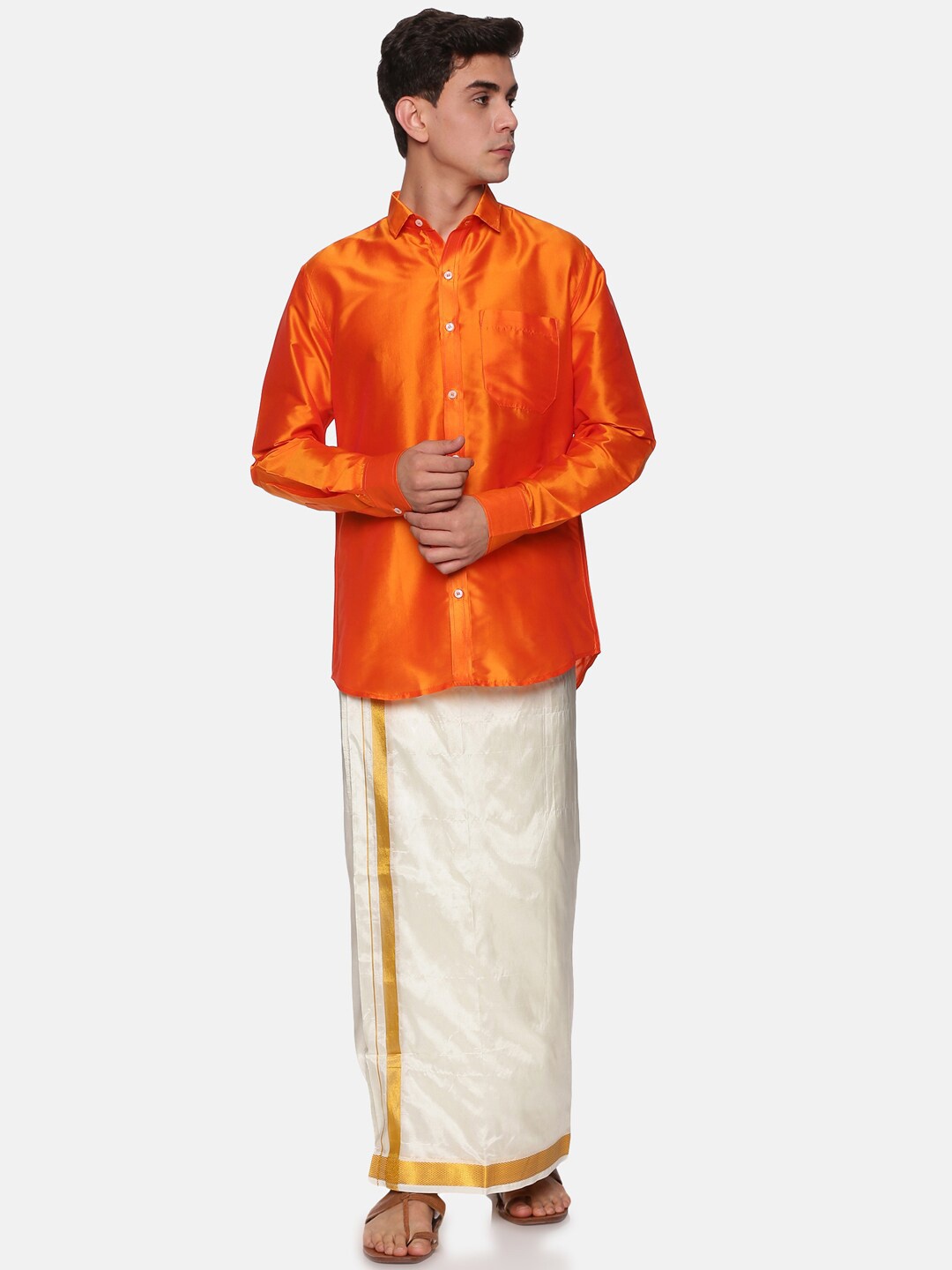 

Sethukrishna Men Orange & Cream-Coloured Shirt with Veshti