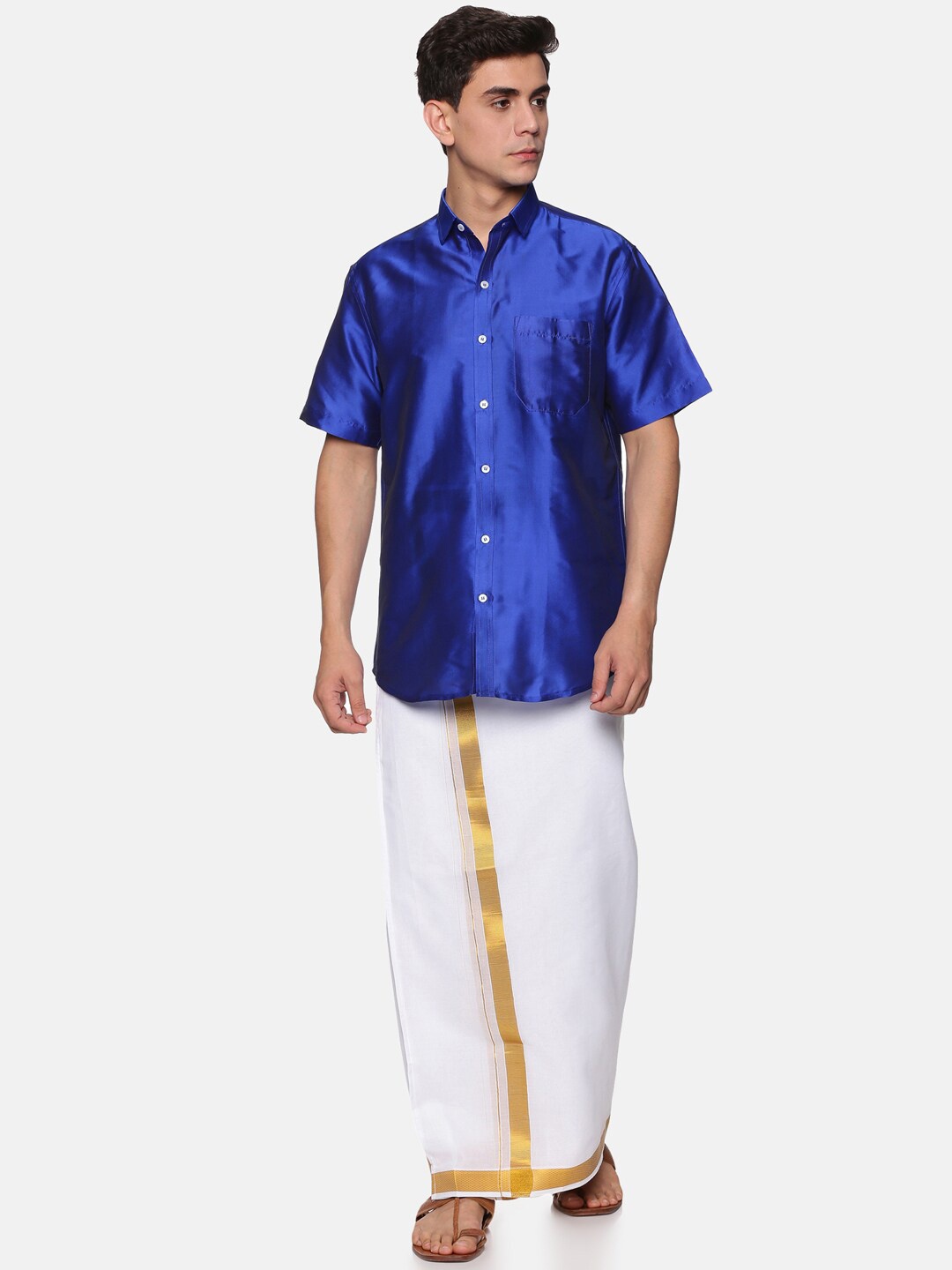 

Sethukrishna Men Navy Blue & White Pure Cotton Shirt With Dhoti