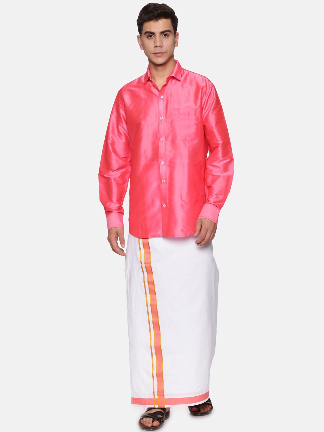 

Sethukrishna Men Peach-Coloured & White Shirt with Dhoti Pants