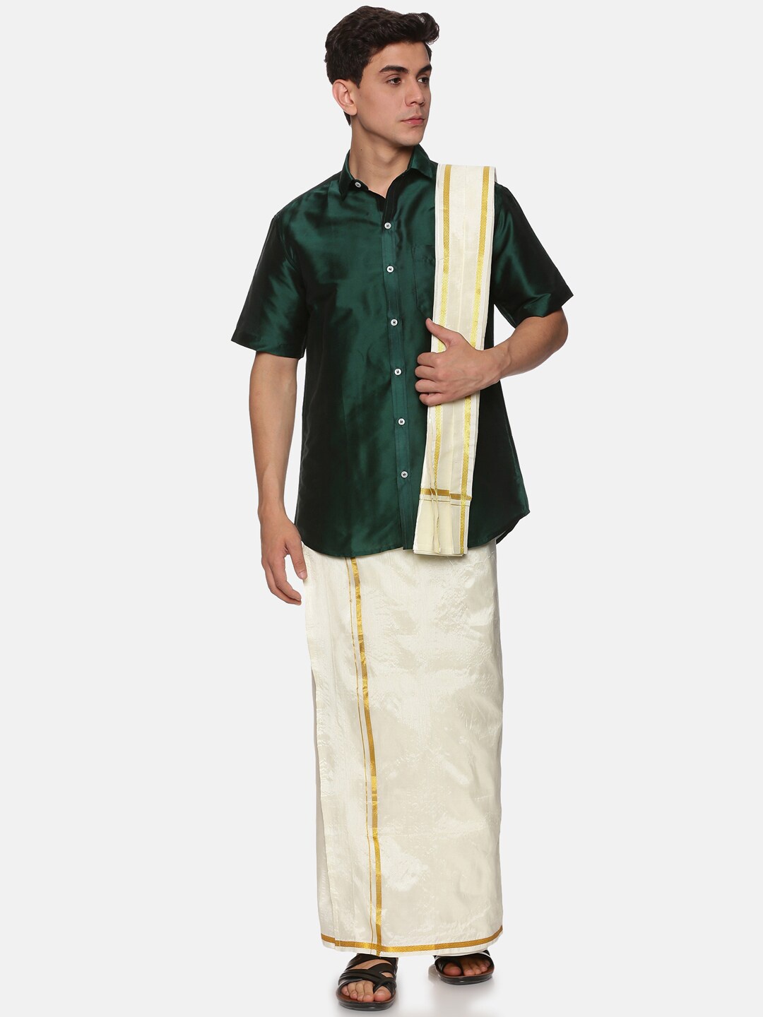 

Sethukrishna Men Green & White Shirt with Dhoti Pants