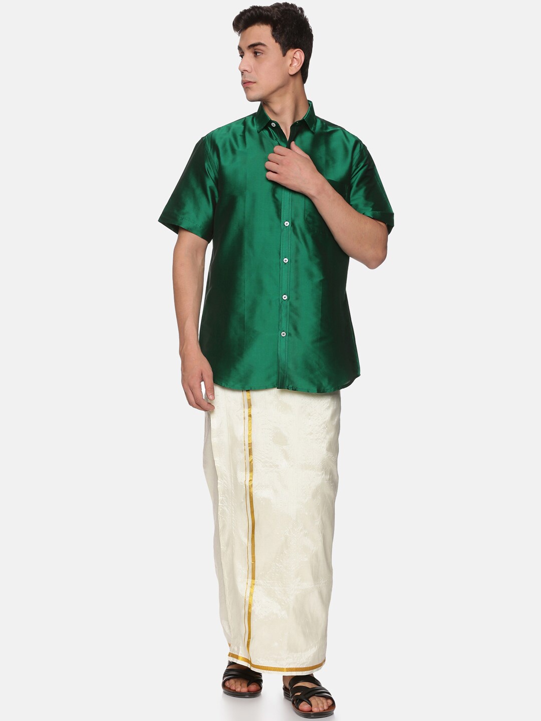 

Sethukrishna Men Green & White Shirt with Dhoti Pants