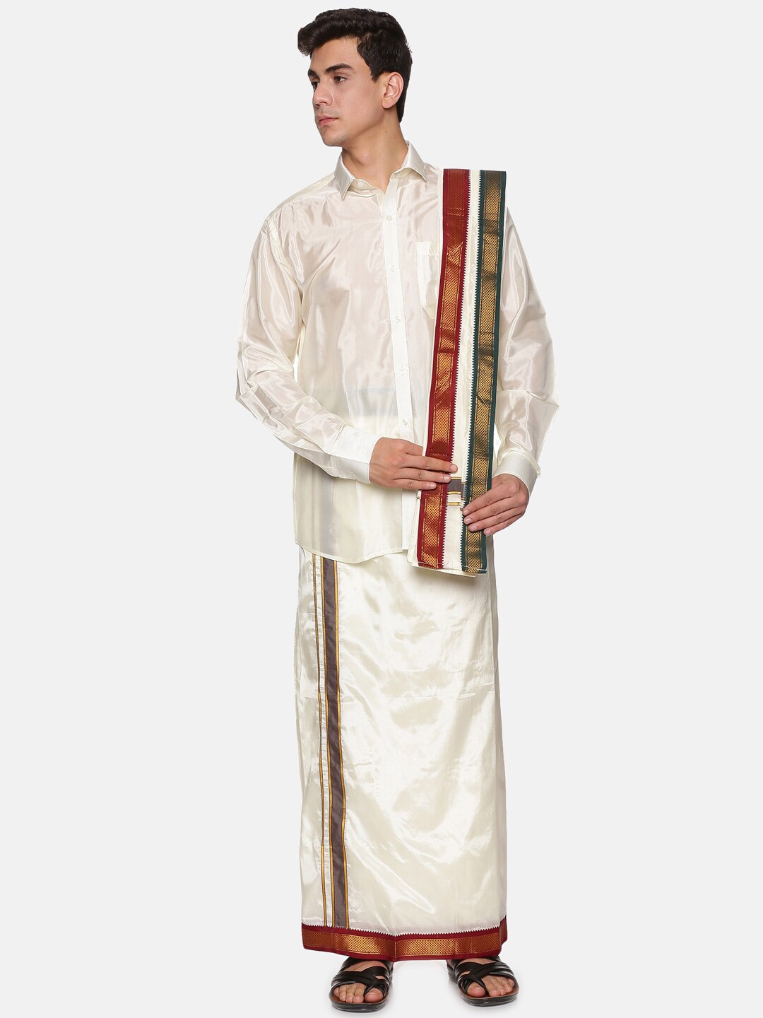 

Sethukrishna Men Cream-Coloured Shirt with Dhoti Set