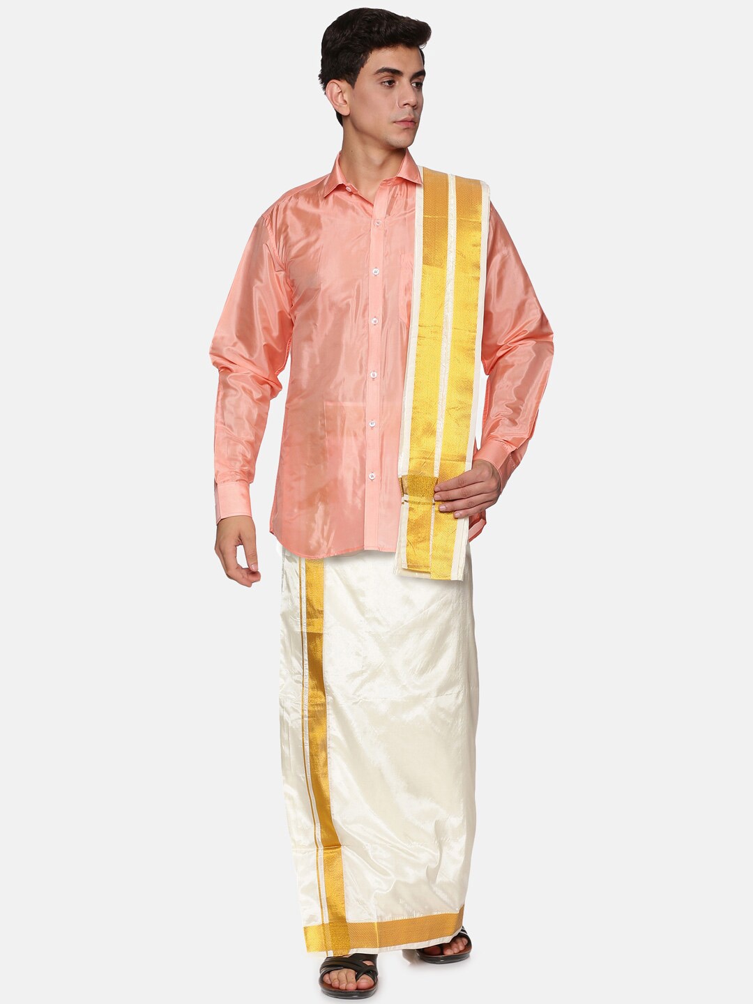 

Sethukrishna Men Peach-Coloured & White Shirt with Dhoti Set