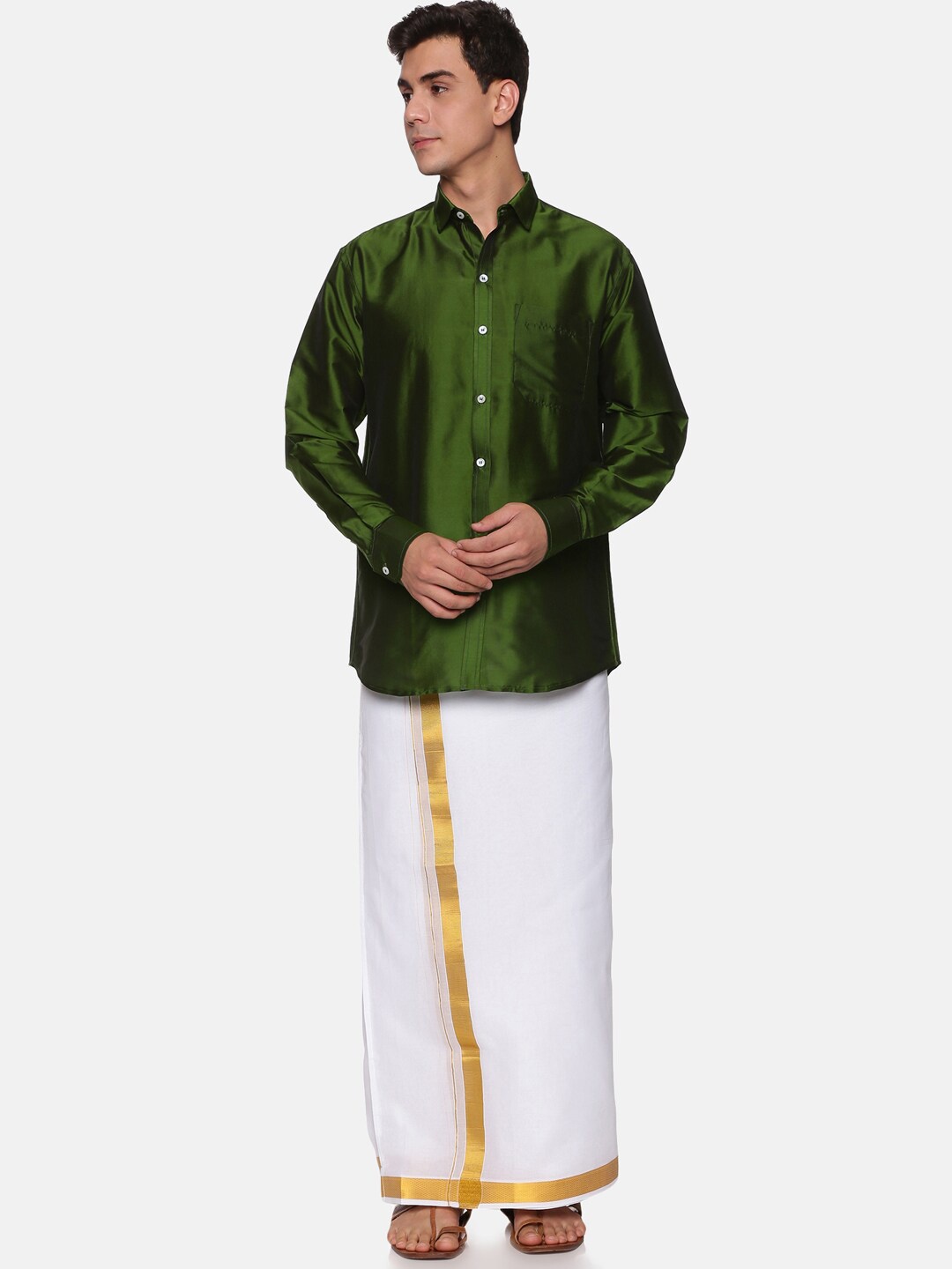

Sethukrishna Men Olive Green & White Shirt Dhoti with Angavastram Set