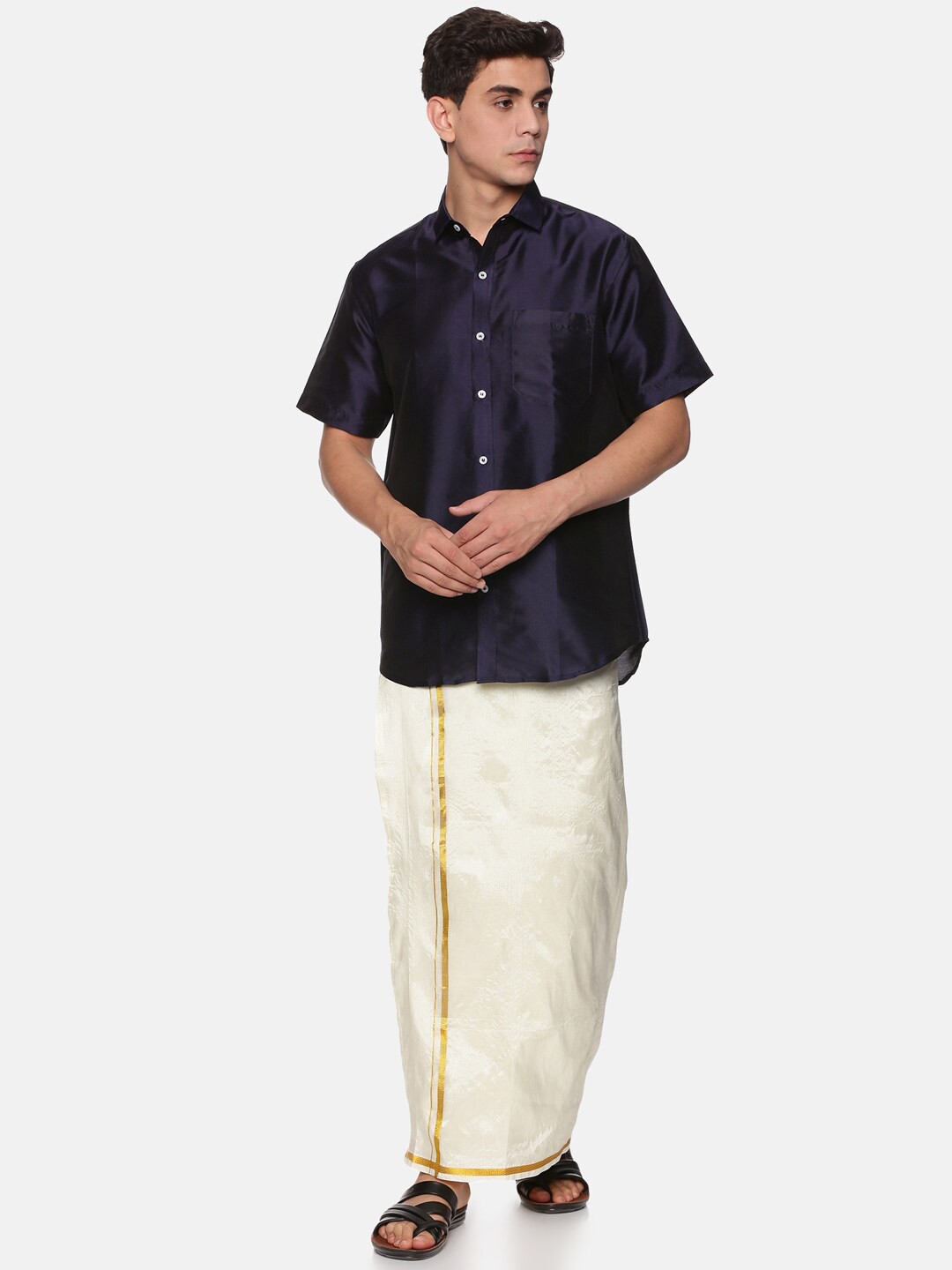 

Sethukrishna Men Blue & Cream-Coloured Shirt With Dhoti