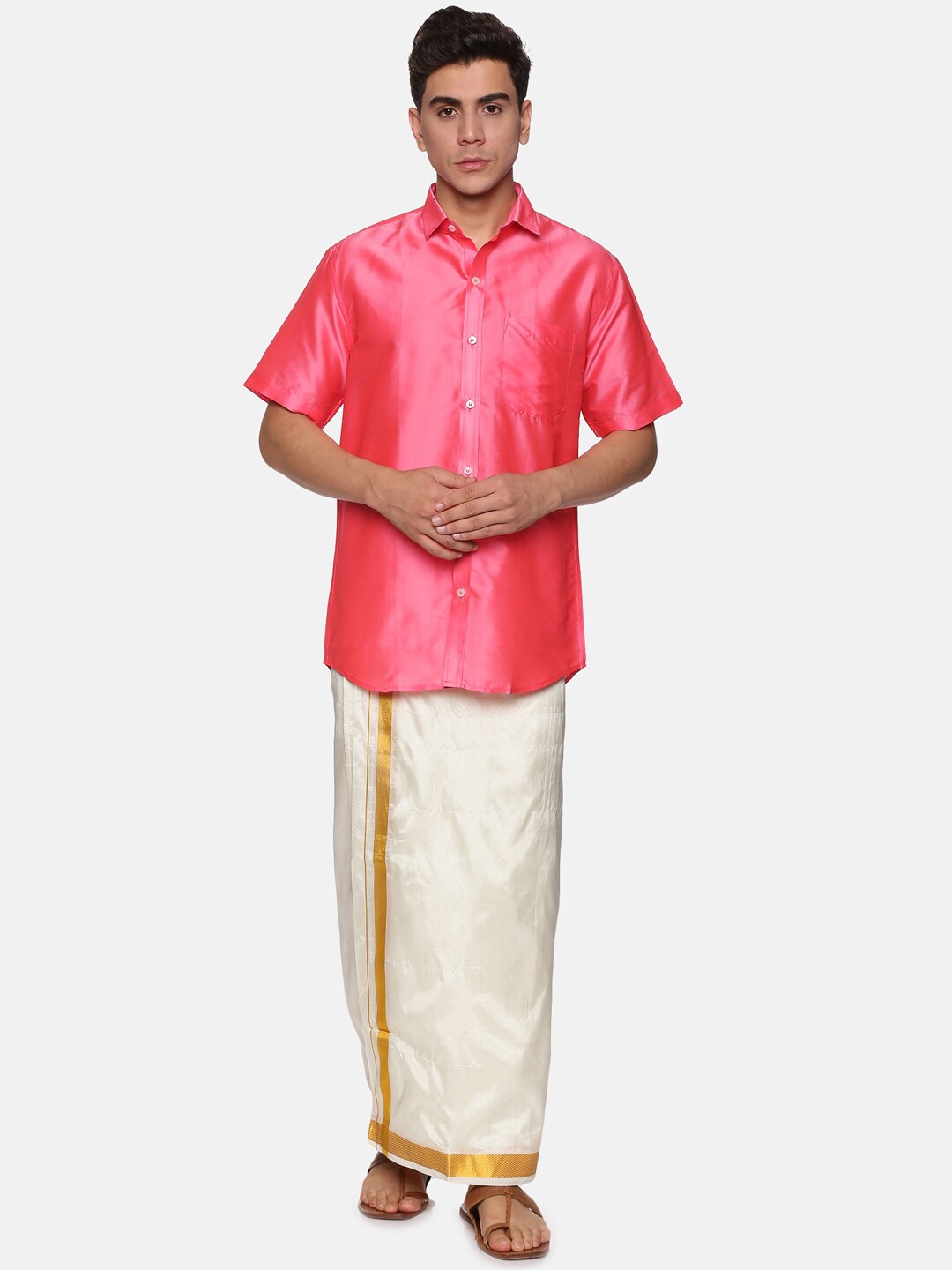 

Sethukrishna Men Peach-Coloured & White Shirt with Dhotis