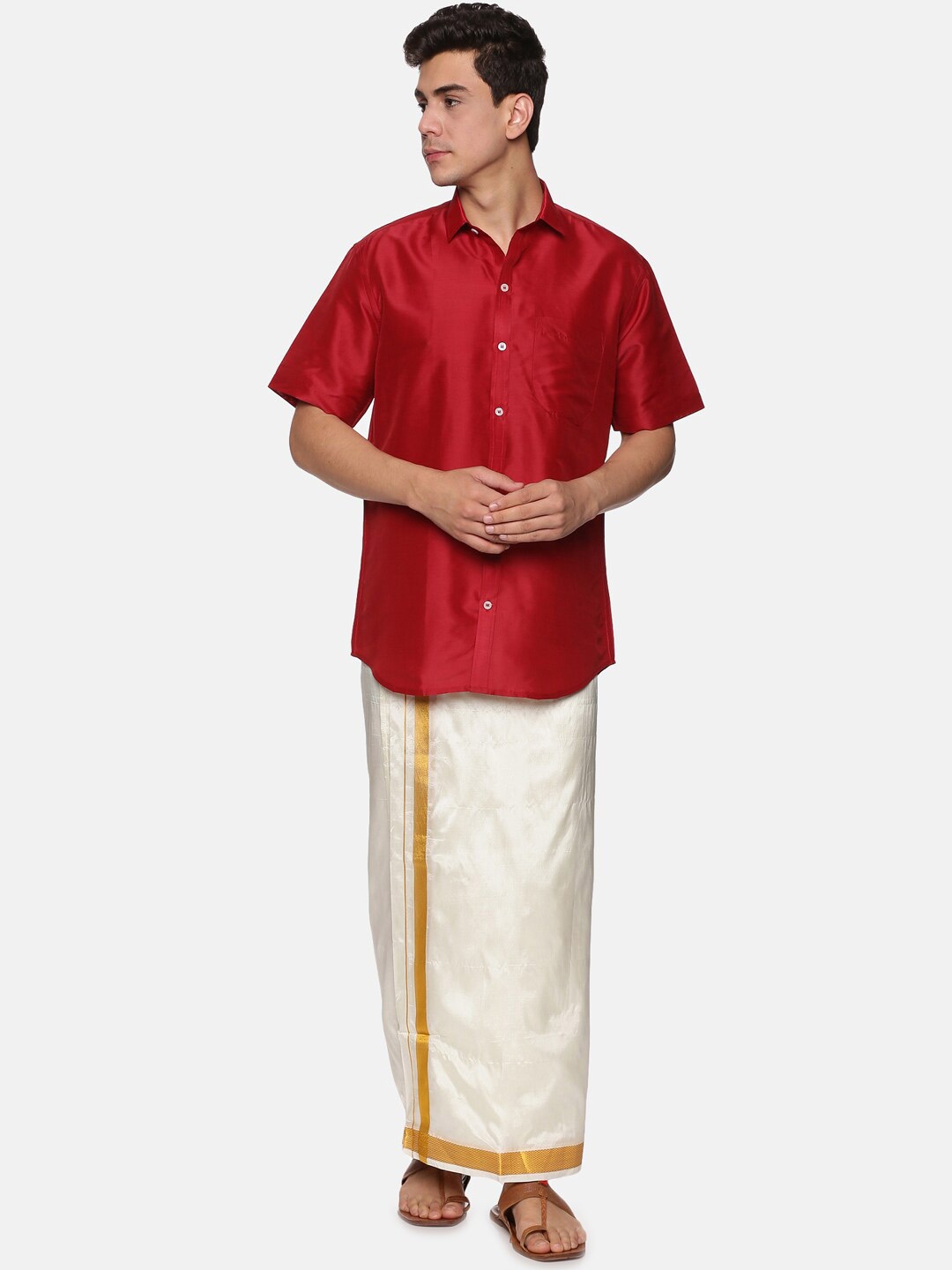 

Sethukrishna Men Maroon & Cream-Coloured Shirt with Dhoti Set