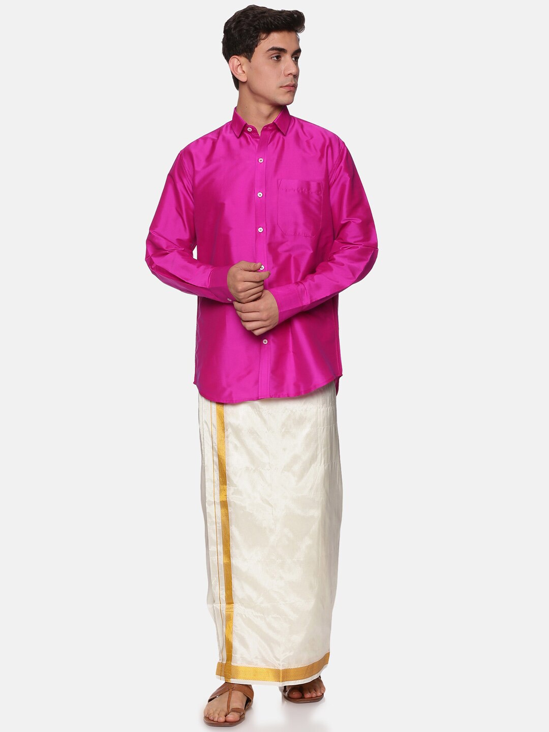 

Sethukrishna Men Pink & White Solid Shirt with Veshti