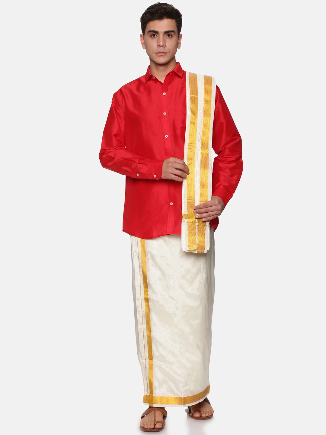 

Sethukrishna Men Red & Cream-Coloured Shirt with Dhoti Pants