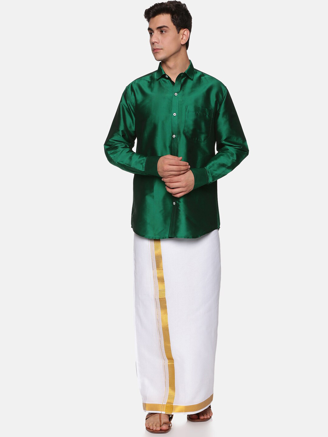 

Sethukrishna Men Green & White Shirt & Dhoti with Angavastram Set