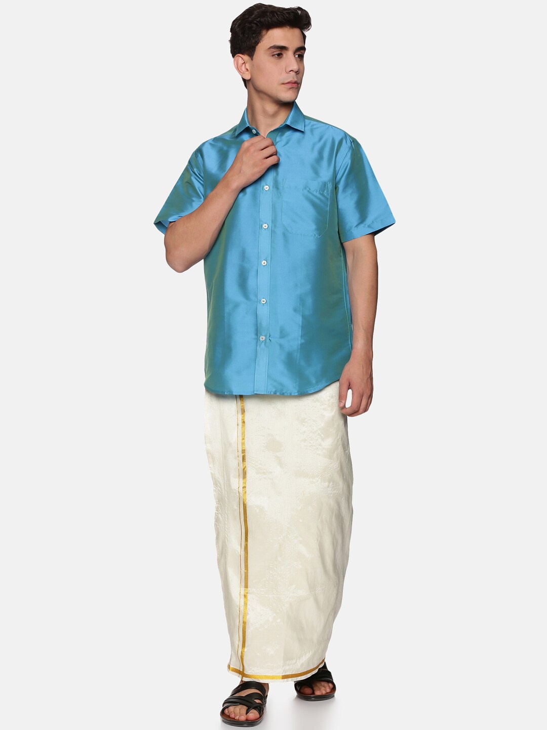 

Sethukrishna Men Turquoise Blue & Cream-Coloured Shirt & Dhotis