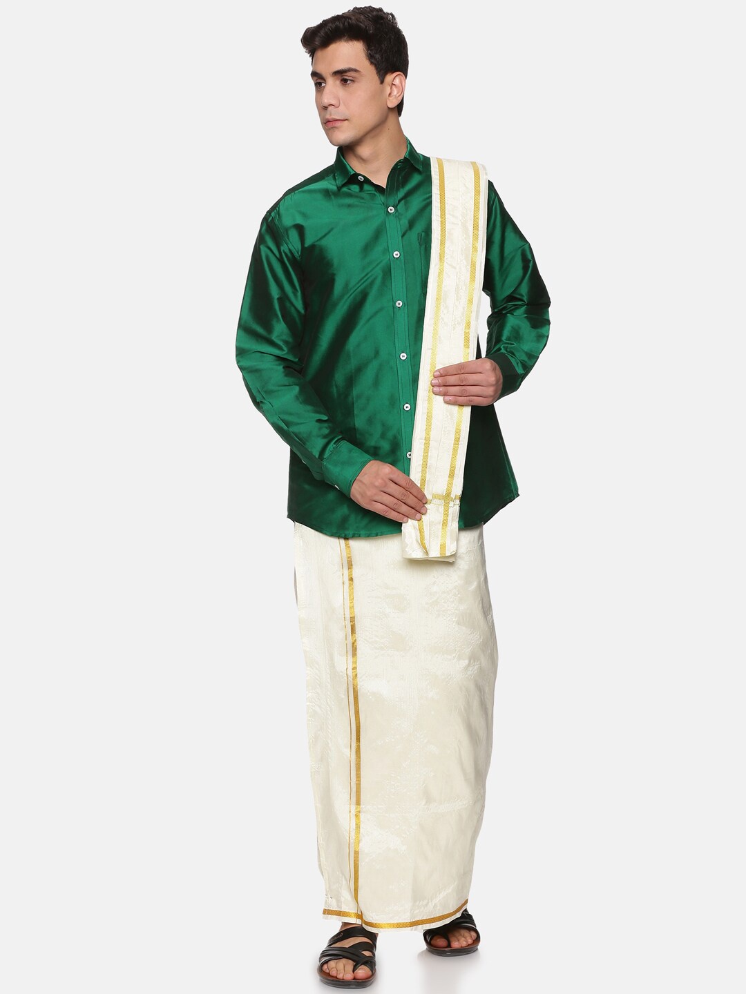 

Sethukrishna Men Green & White Shirt with Dhoti Pants