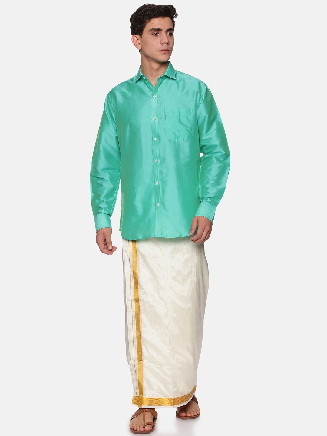 

Sethukrishna Men Fluorescent Green & White Shirt with Dhoti Pant