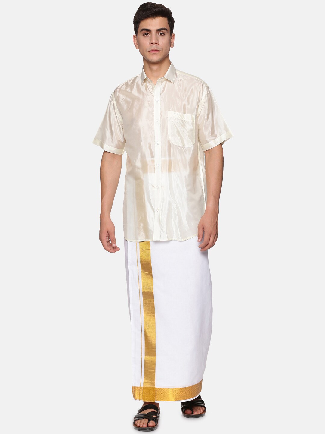 

Sethukrishna Men Cream-Coloured & White Shirt with Dhoti Pants