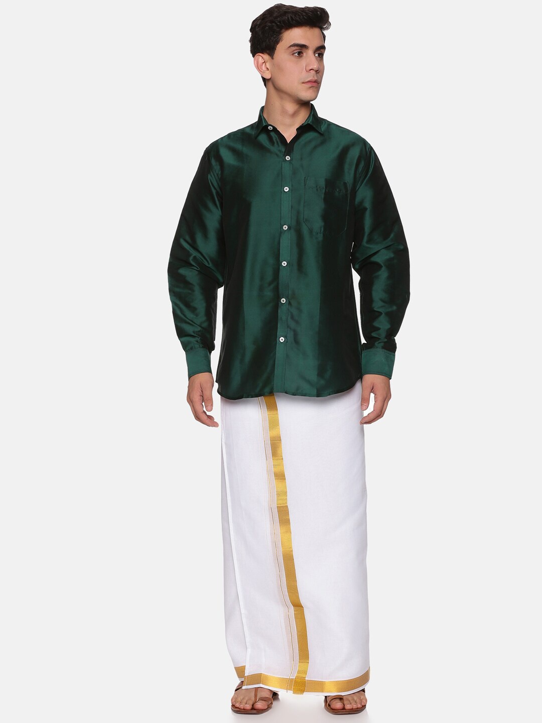 

Sethukrishna Men Green & White Shirt with Dhoti