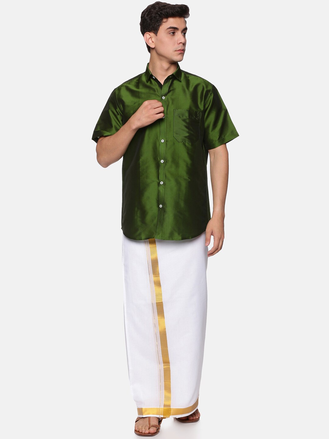 

Sethukrishna Men Olive Green & White Shirt with Dhoti Pants