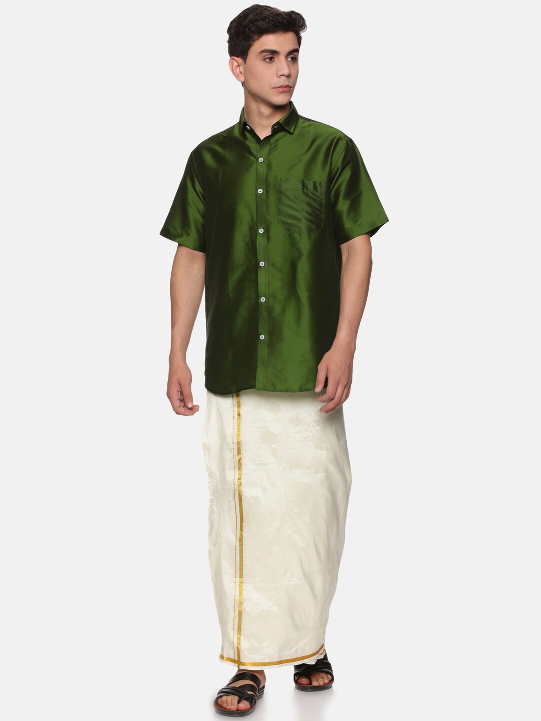 

Sethukrishna Men Olive Green And White Shirt With Zari Border Veshti Dhoti Pant