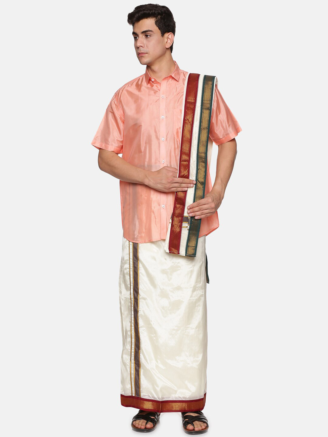 

Sethukrishna Men Peach-Coloured & White Shirt with Dhoti Pants