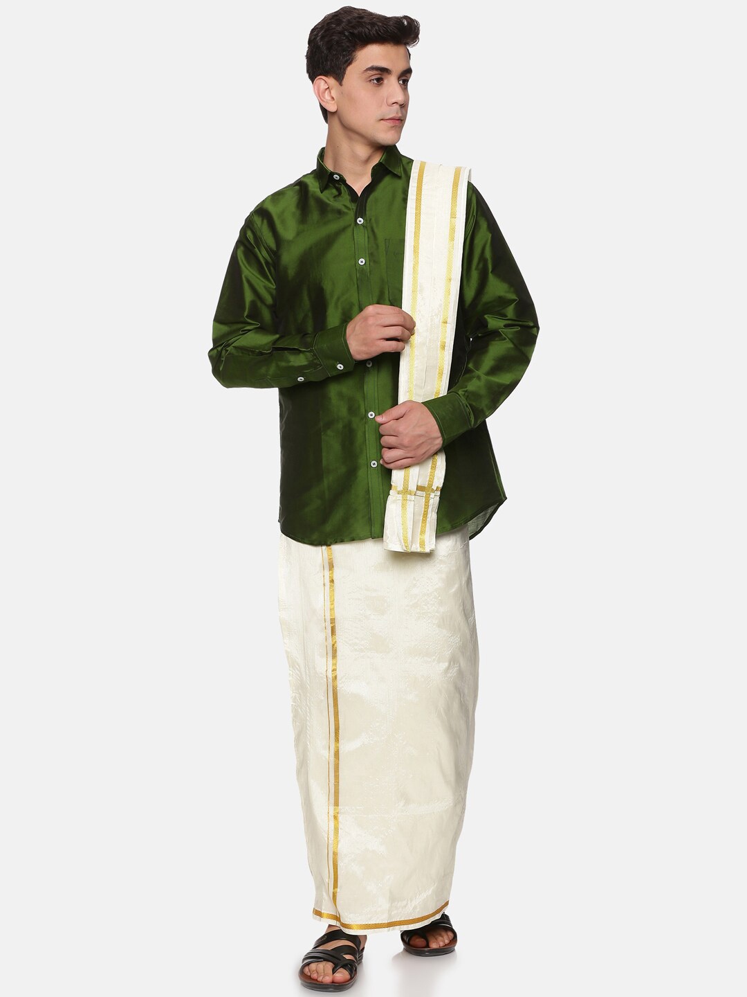 

Sethukrishna Men Olive Green & White Solid Shirt with Dhoti