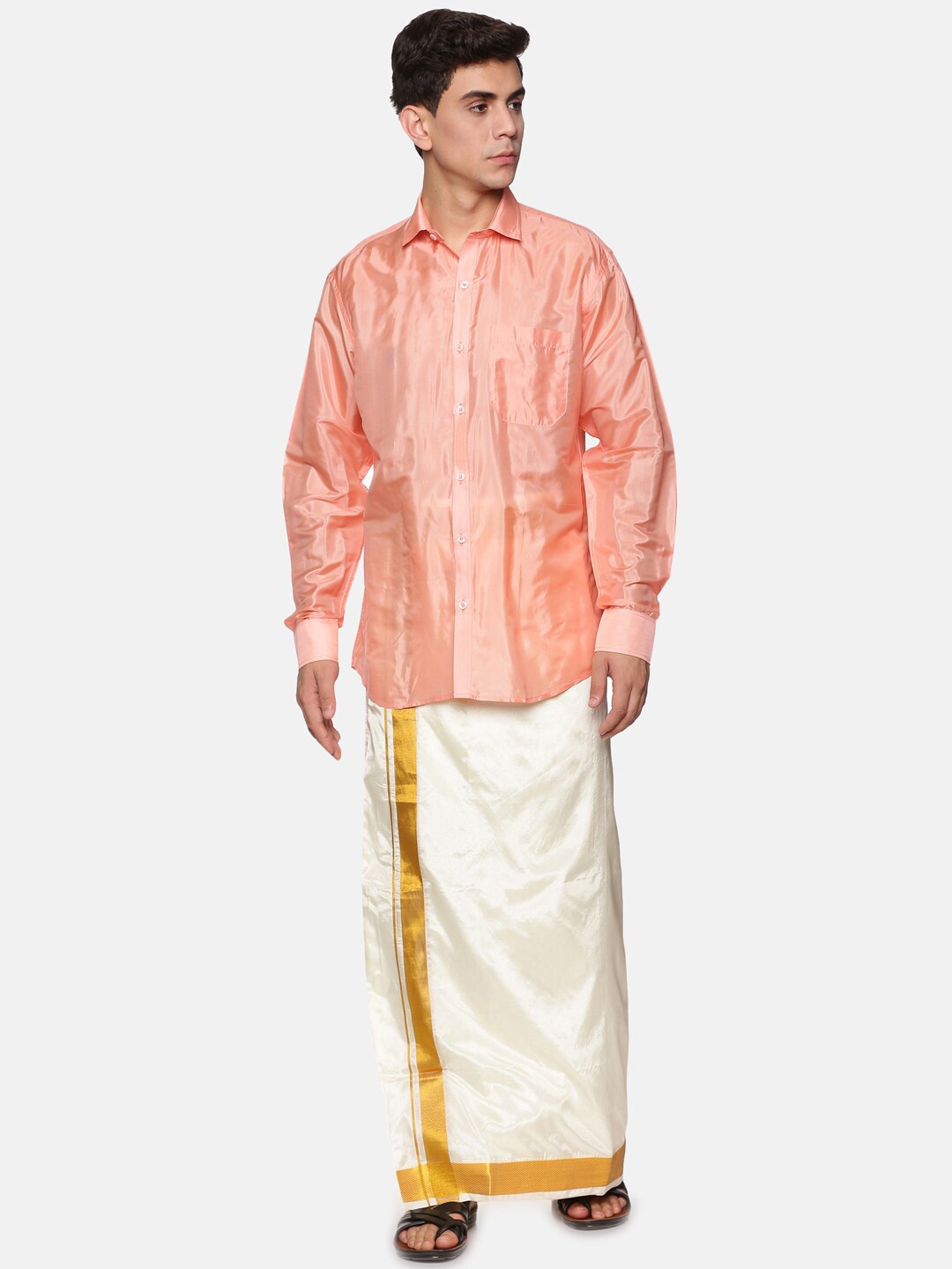 

Sethukrishna Men Peach-Coloured & White Shirt with Dhotis