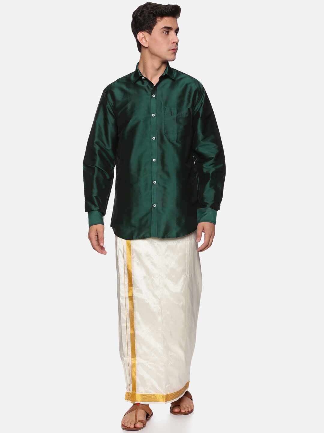 

Sethukrishna Men Green & White Shirt with Dhoti