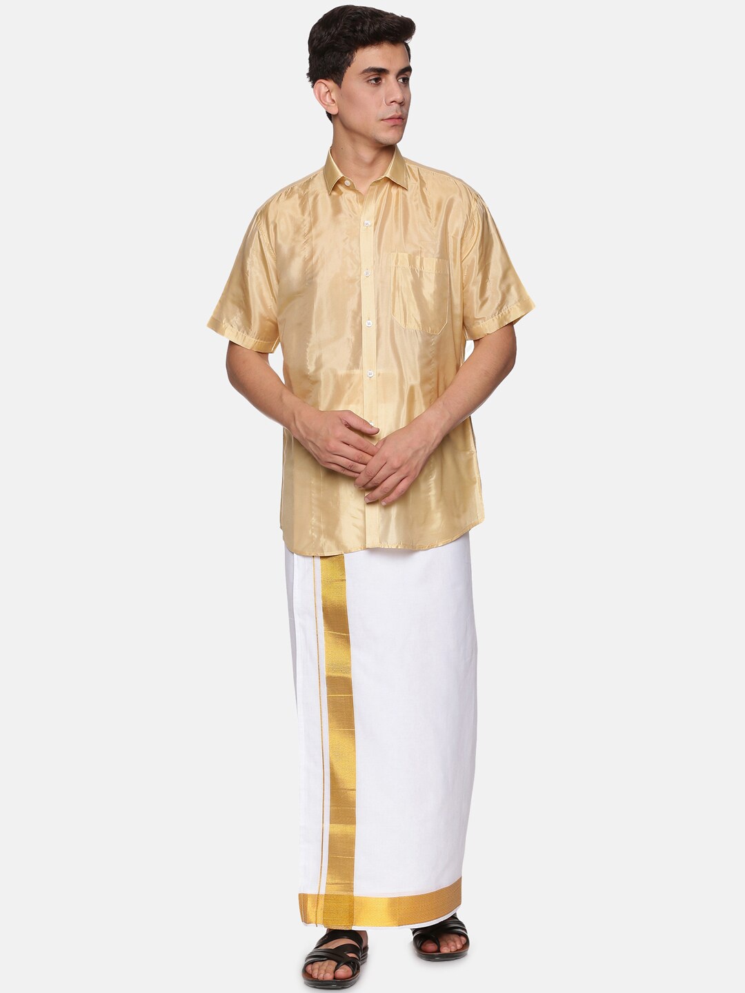 

Sethukrishna Men Beige & White Solid Shirt with Dhoti