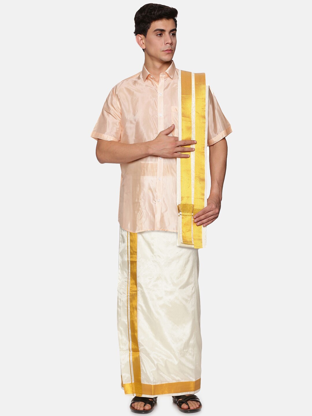 

Sethukrishna Men Orange & White Solid Shirt with Dhoti & With Angavastram