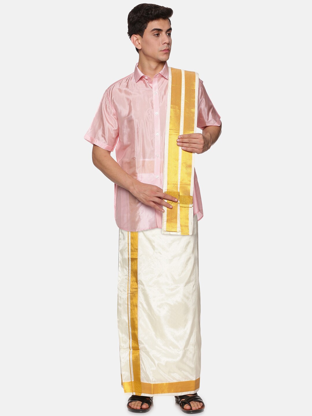 

Sethukrishna Men Pink & White Shirt with Dhoti with Angavastram Set