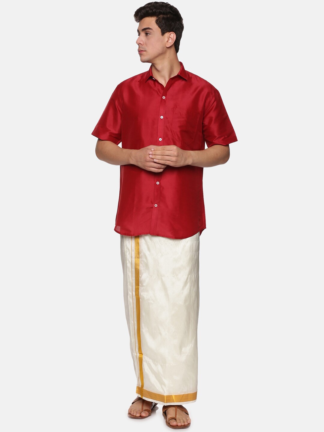 

Sethukrishna Men Maroon & White Shirt with Dhoti Set