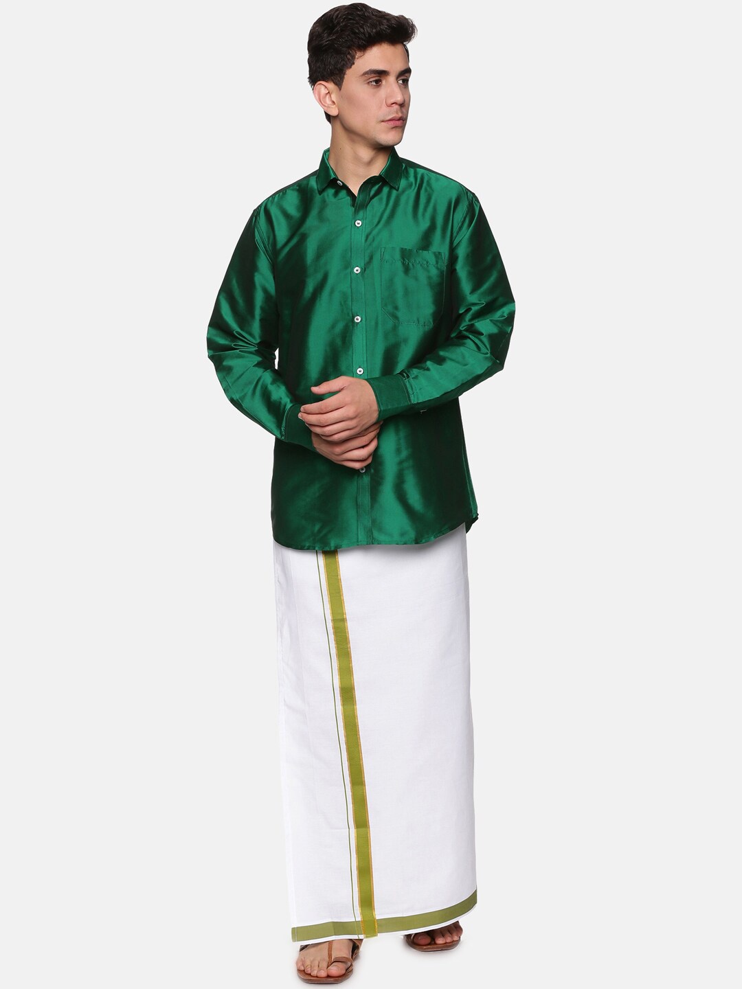 

Sethukrishna Men Green & White Shirt with Dhoti