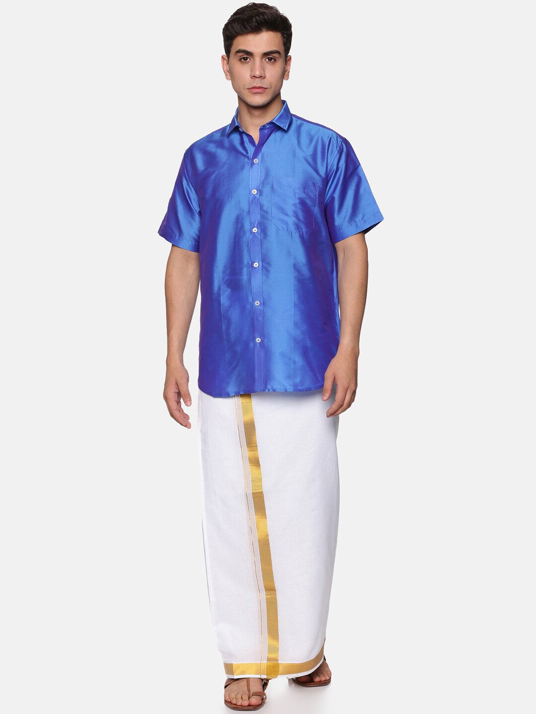 

Sethukrishna Men Blue & White Shirt with Dhoti Pants