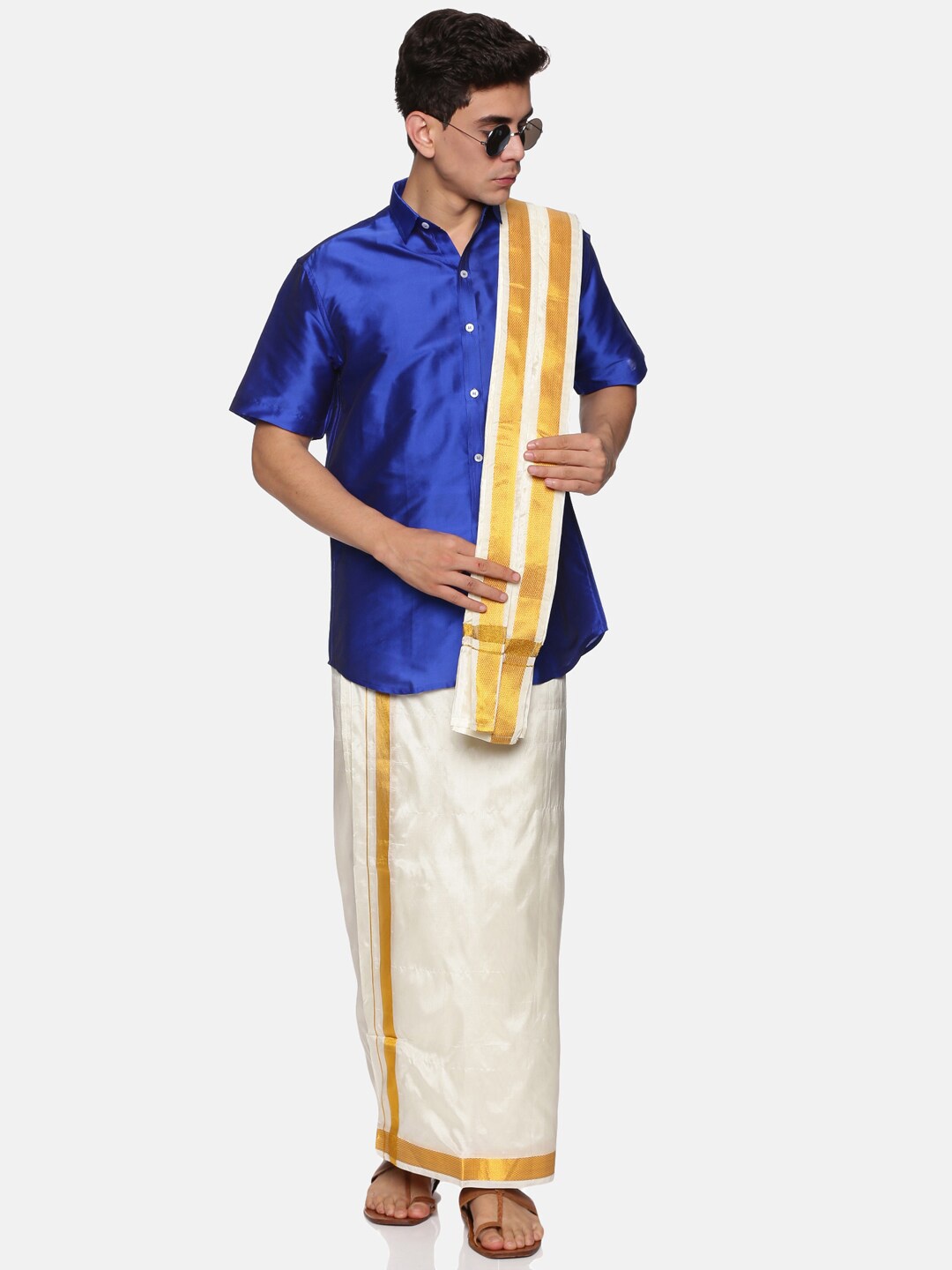 

Sethukrishna Men Navy Blue & White Shirt with Zari Dhoti & Angavastram