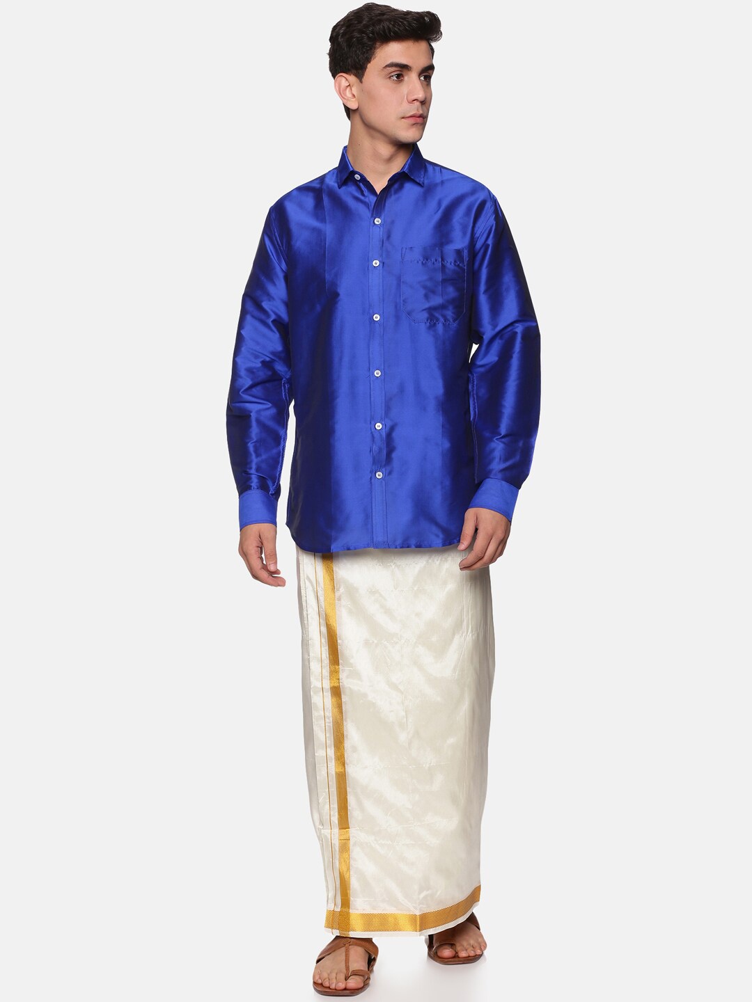 

Sethukrishna Men Navy Blue Shirt with Veshti Set
