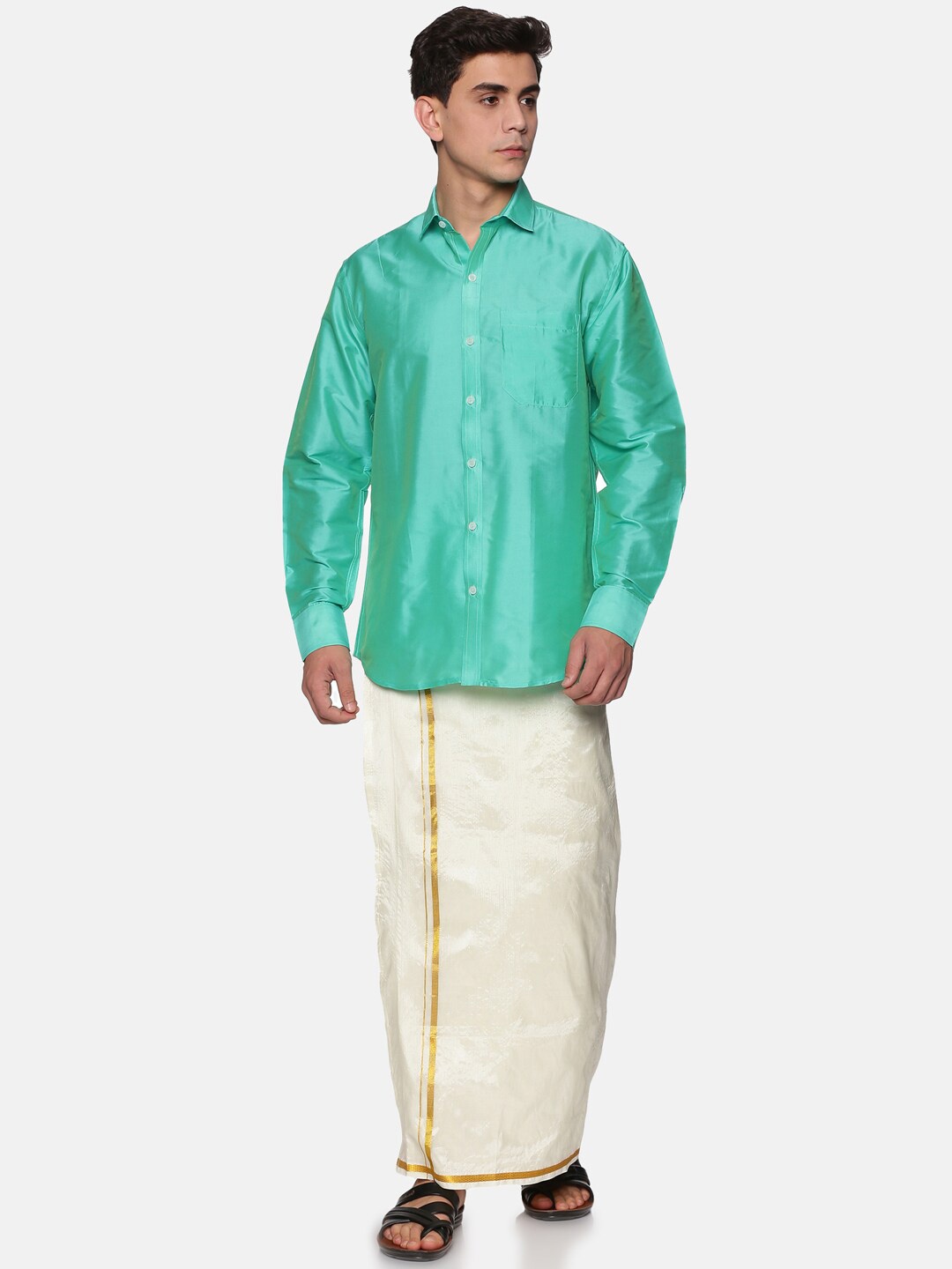 

Sethukrishna Men Fluorescent Green & White Shirt with Dhoti Pants