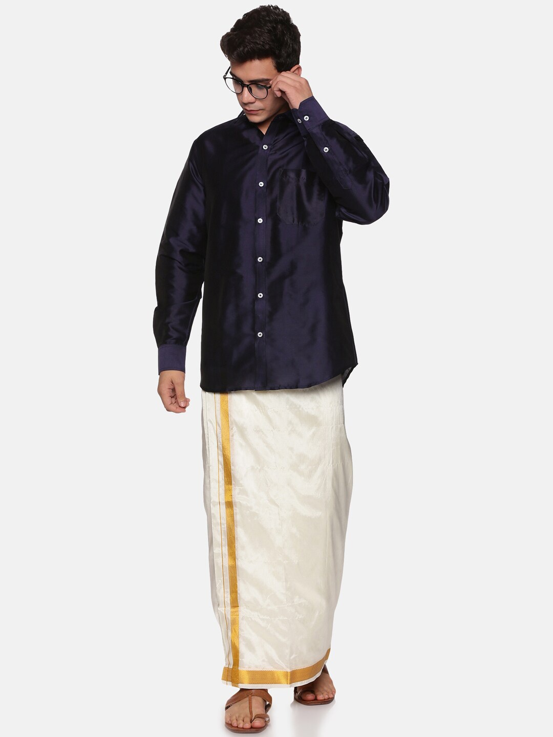 

Sethukrishna Men Blue & White Shirt With Dhoti Pants