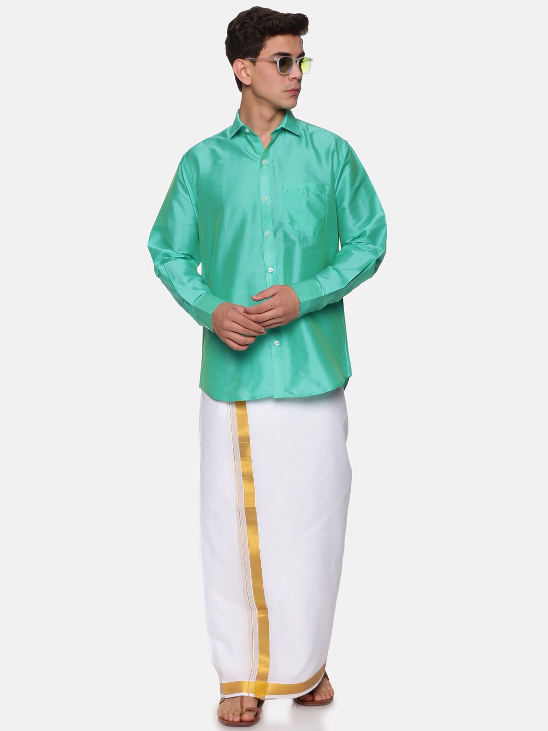 

Sethukrishna Men Fluorescent Green & White Shirt with Dhoti with Angavastram Set