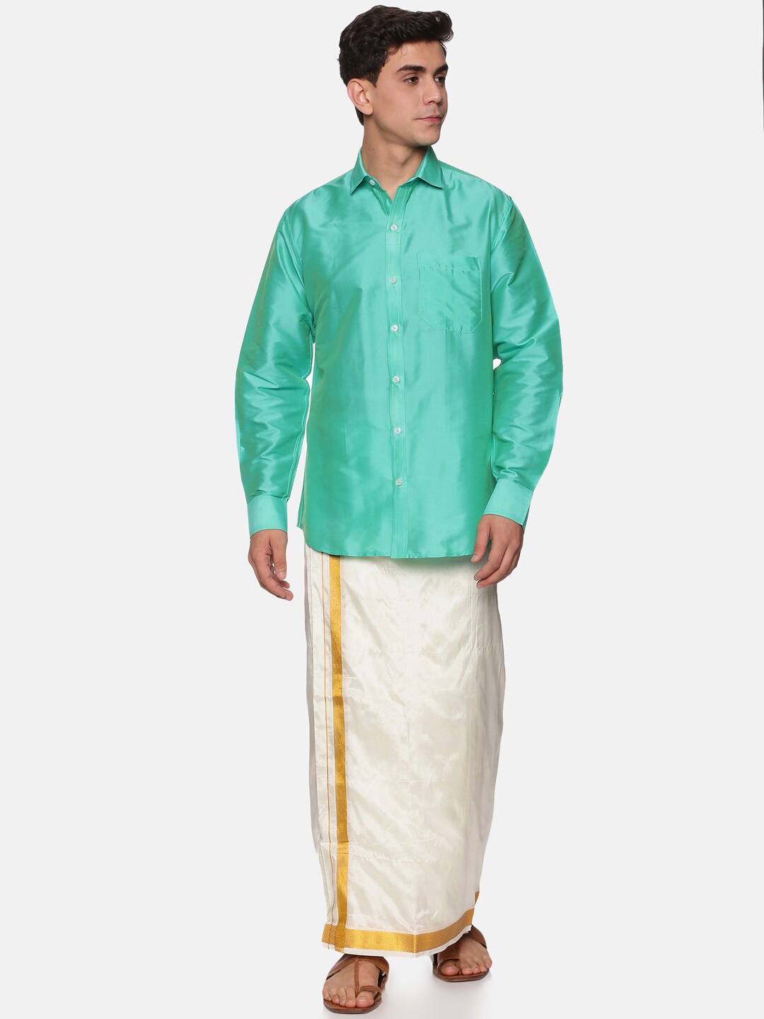 

Sethukrishna Men Sea Green & White Shirt with Dhoti Pants