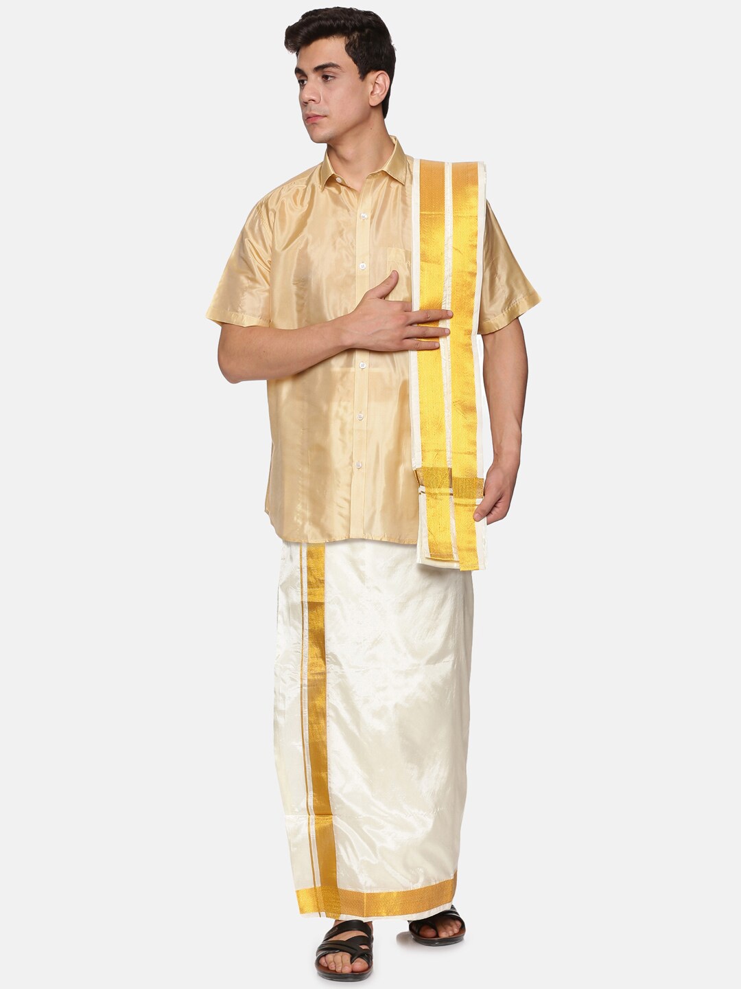 

Sethukrishna Men Beige & Off White Shirt Dhoti with Angavastram Set