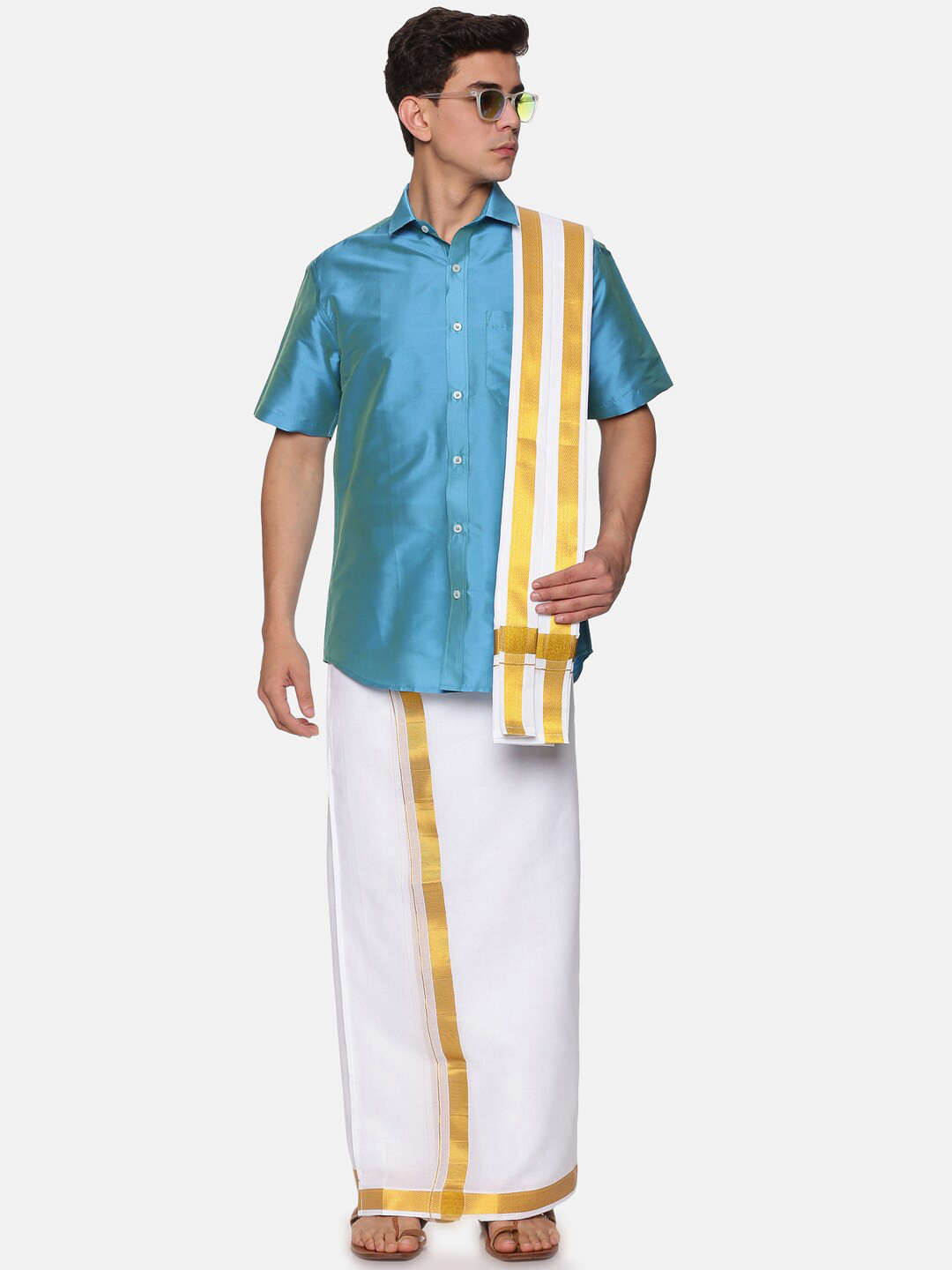 

Sethukrishna Men Turquoise Blue & White Shirt with Dhoti Pants
