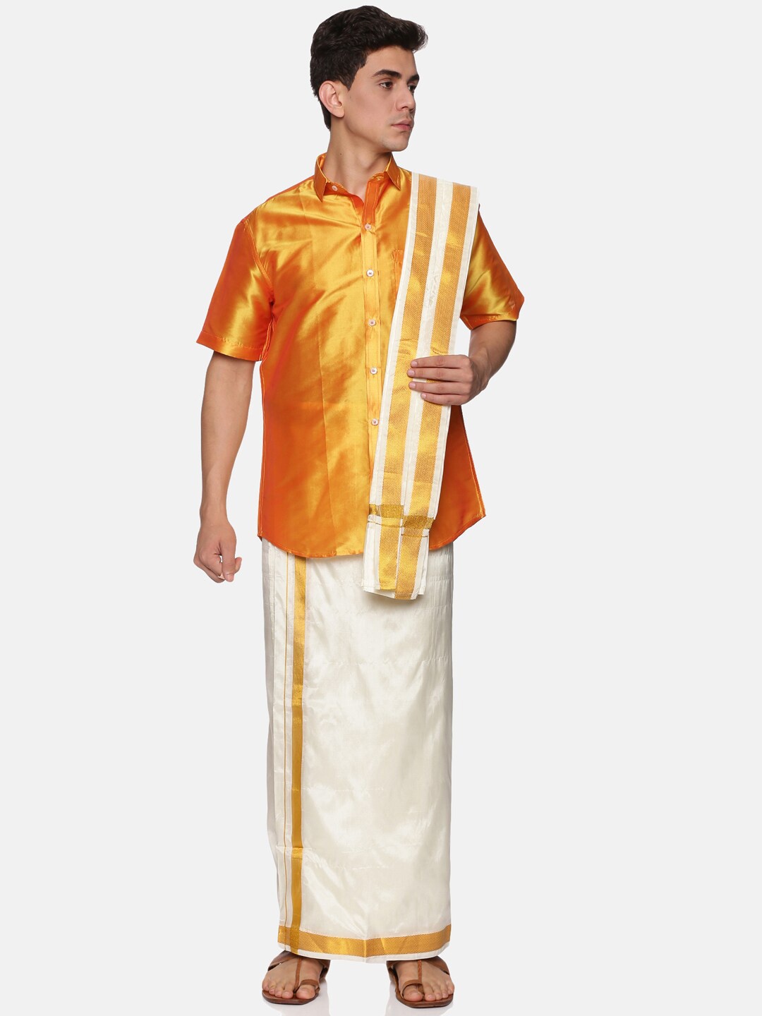 

Sethukrishna Men Yellow & White Shirt with Dhoti