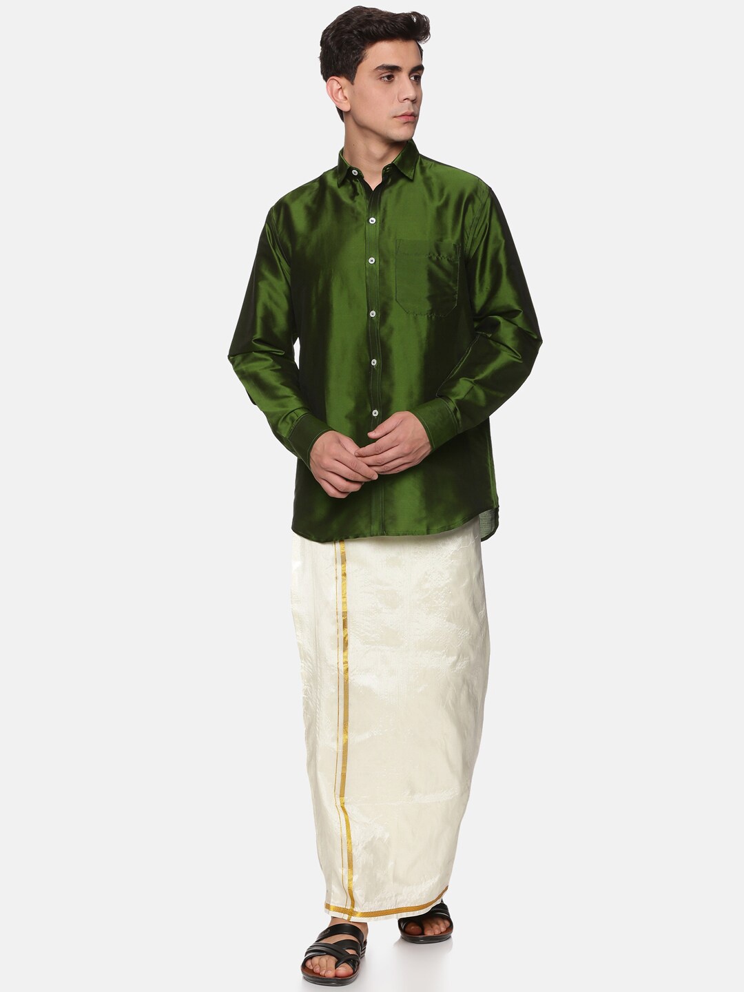 

Sethukrishna Men Olive Green And White Shirt With Zari Border Veshti Dhoti Pant