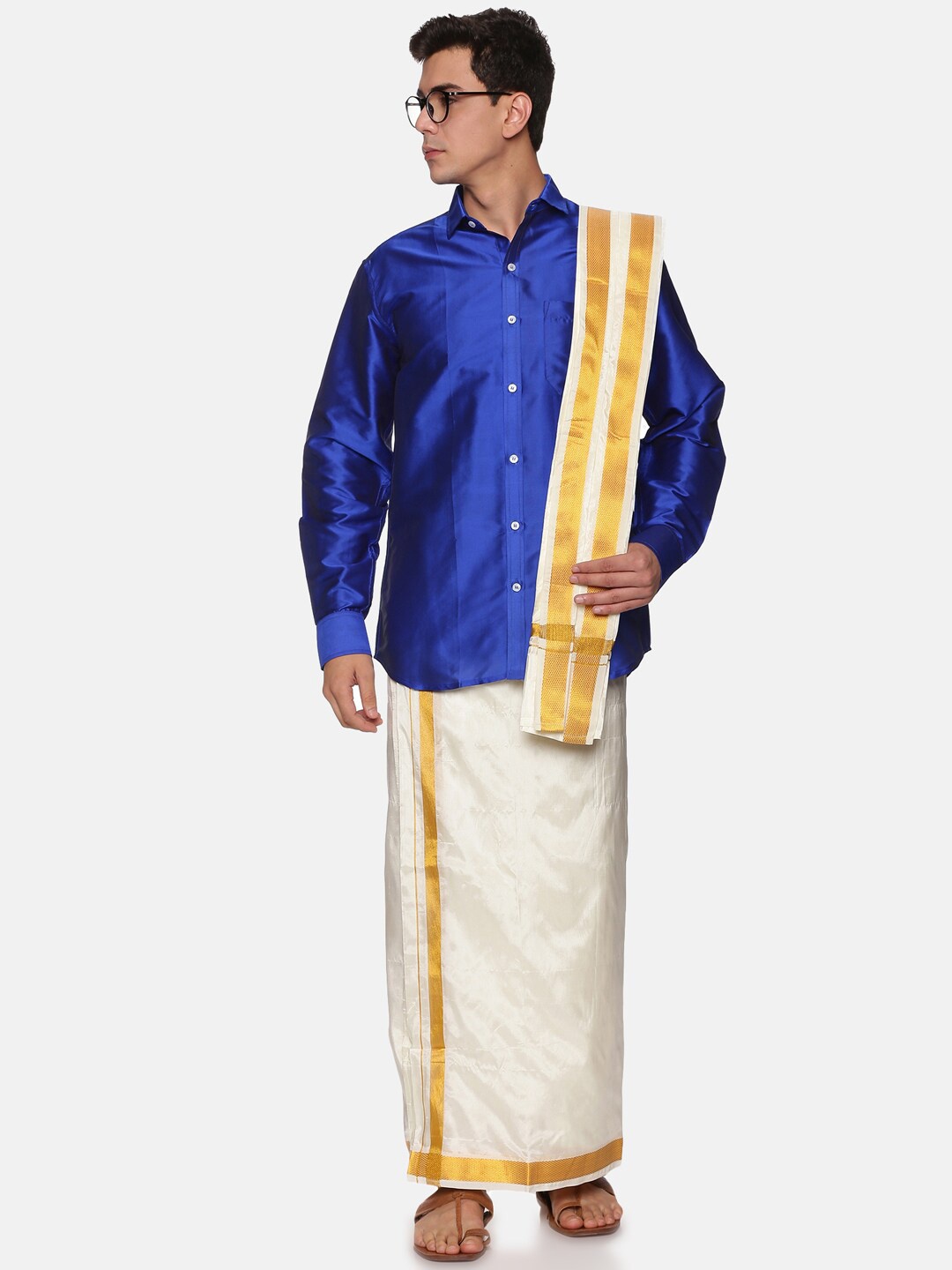 

Sethukrishna Men Navy Blue & White Shirt with Zari Dhoti & Angavastram