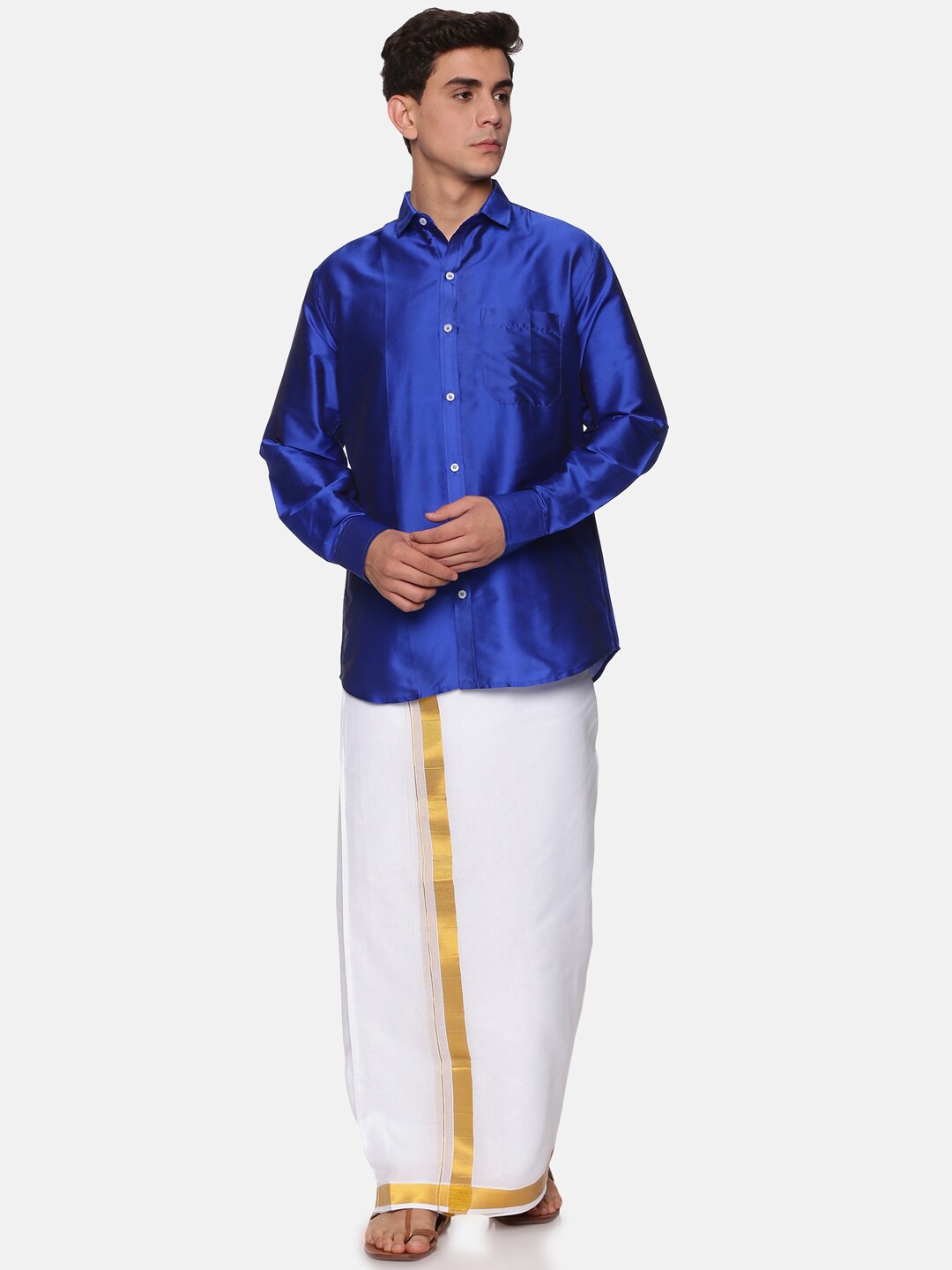 

Sethukrishna Men Navy Blue & White Shirt with Dhotis