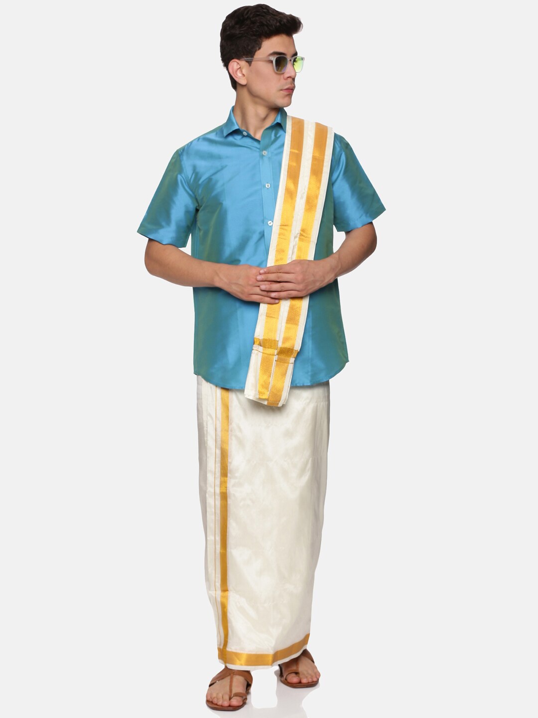 

Sethukrishna Men Turquoise Blue Shirt with Veshti Set