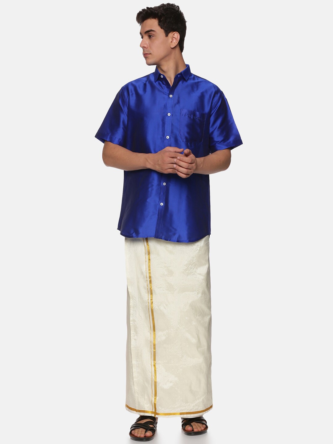 

Sethukrishna Men Navy Blue & Cream-Coloured Shirt with Dhoti Set
