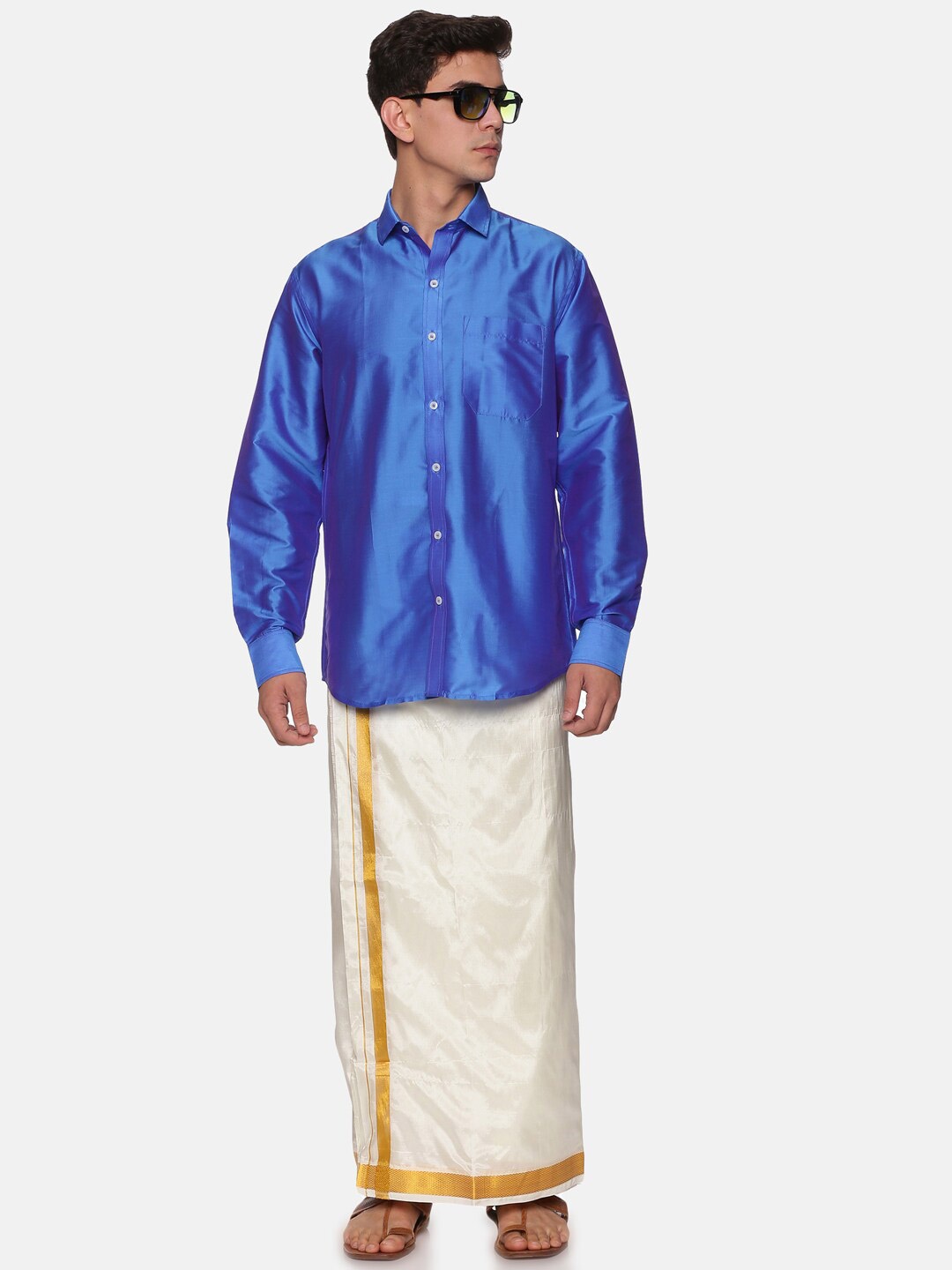 

Sethukrishna Men Blue & White Shirt with Dhoti with Angavastram Set