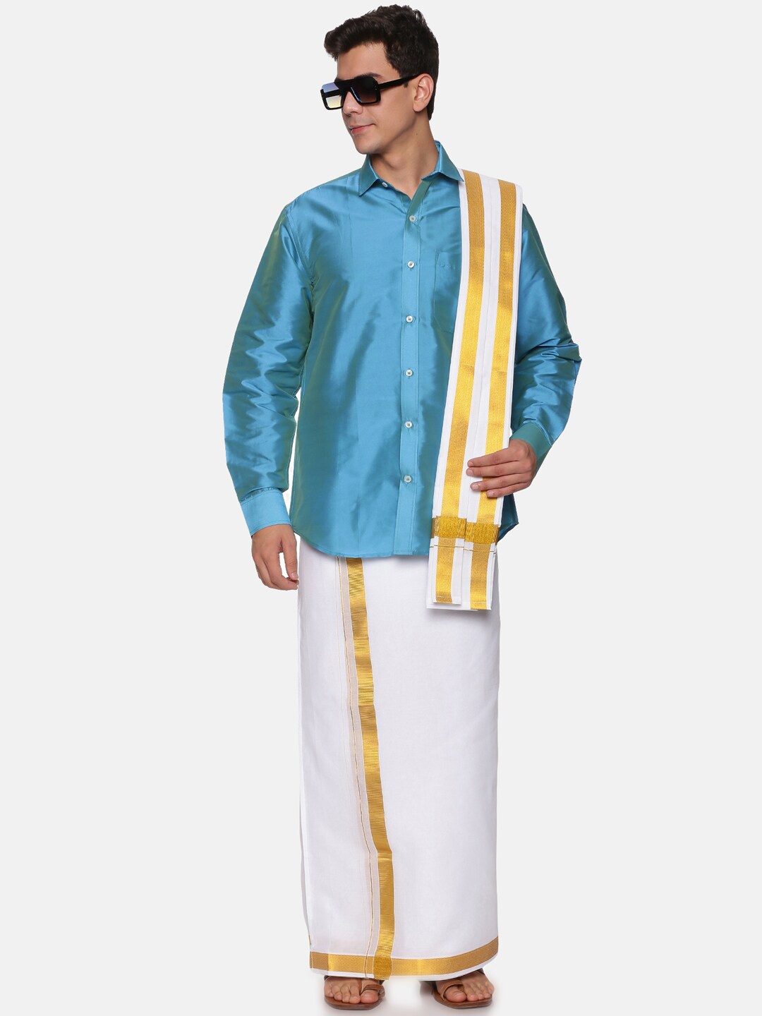 

Sethukrishna Men Turquoise Blue & White Shirt with Dhoti